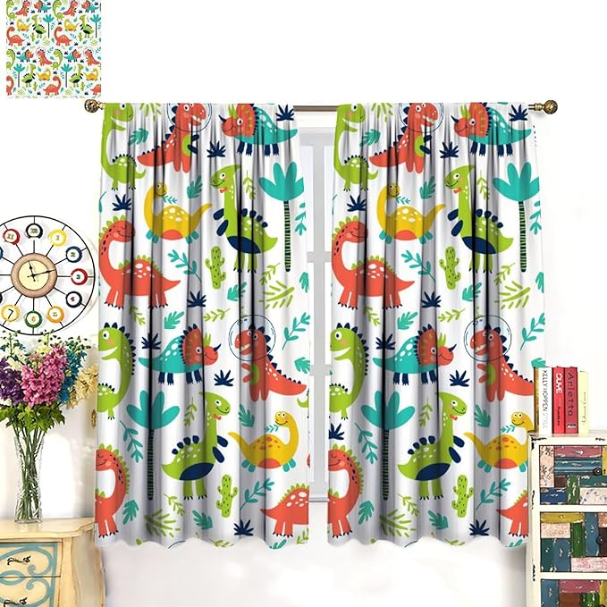 Rustic Dinosaurs Curtains Colorful Dino Kids Boys Cartoon Cute Cool Funny Decor Printed Blackout Rod Pocket Window Drapes for Living Room Bedroom W31.5xL72in 2 Panels