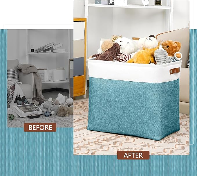 DULLEMELO Extra Large Storage Baskets, Fabric Storage Bins for Organizing Shelves Nursery Toys Books, Closet Baskets and Bins with Handles, White&Teal, 2-Pack