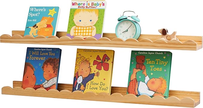 Nursery Book Shelves, Scalloped Floating Shelves Set of 2 Solid Pine Wood Wall Mounted Bookshelf with Wave Lip for Bedroom Kids, Toddler Room, Baby Room Natural 36inch