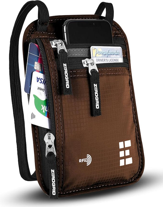 Neck Wallet for Travel & Passport Holder with RFID Blocking - Slim & Easy to Conceal Nylon Travel Pouch for men & women - Holds Phone, Cash, Cards, Keys - Sweat & Water Resistant - Large - Mocha
