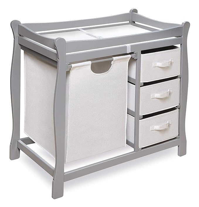 Badger Basket Sleigh-Style Baby Changing Table - Diaper Changing Station with 3 Storage Baskets - Nursery Organizer with Hamper, Changing Pad, Safety Rails - Gray