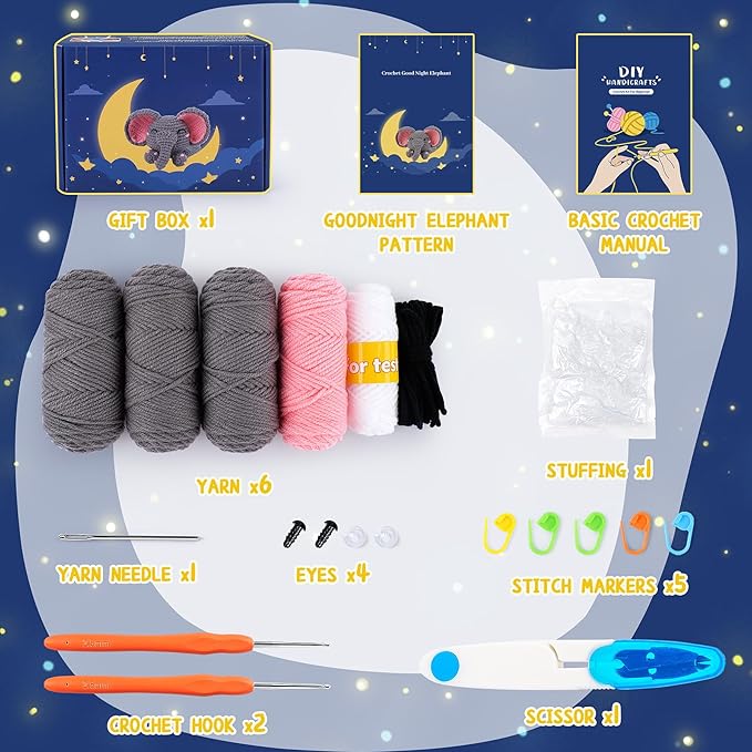 Crochet Kit for Beginners - Elephant Crochet Kits with Step-by-Step Video Tutorials, Beginner Crochet Kit for Adults, Crochet Animal Kit for Kids, Goodnight Elephant Crocheting Set (Grey)