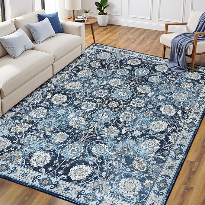 6x9 Area Rug for Living Room & Bedroom, Washable Non-Slip Vintage Rugs, Floral Soft Carpet, Low Pile Wool Carpets for Indoor Dining Home Office Playroom Under Table, Modern Decor, Blue Garden