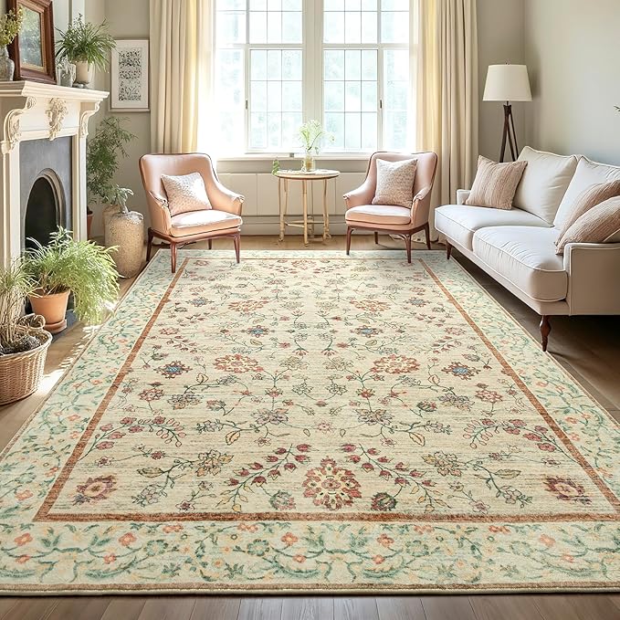 LOCHAS Washable Area Rugs 6x9, Beige Floral Rug for Living Room Bedroom Non Slip, Ultra Soft Vintage Indoor Carpet for Kids, Nursery, Dorm, Dining Room, Classroom, Boho Flower Home Decor, Low-Pile