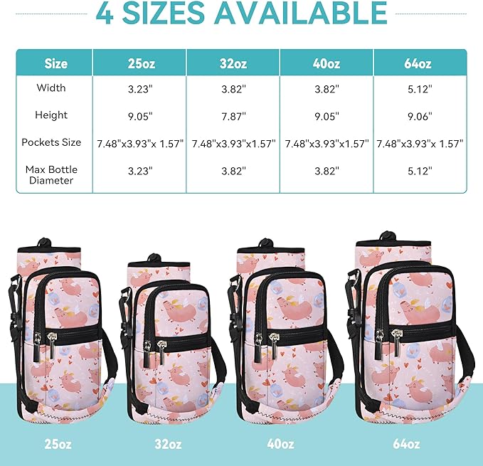 25/32/40/64oz Water Bottle Bag Holder Carrier-Insulated Crossbody Sling Case Sleeve with Strap & Pockets for Men Women Gym Cycling Travel Walking Hiking Camping