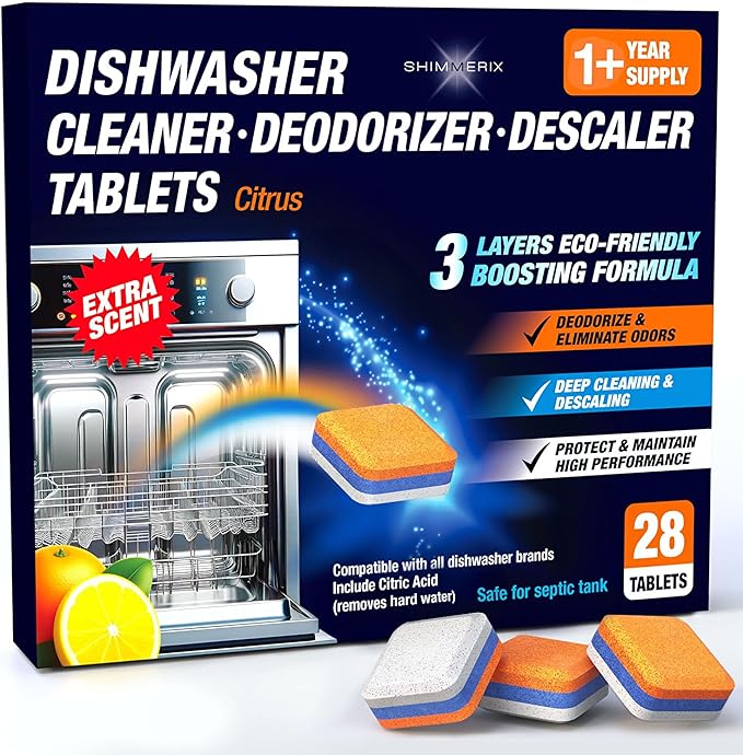 Dishwasher Cleaner Deodorizer Descaler Tablets - 28 Tabs - 1 Plus Year Supply - Extra Scented Deep Cleaning Sanitizer Pods - Remove Hard Water - Contain Citric Acid Heavy Duty Septic Safe - Citrus