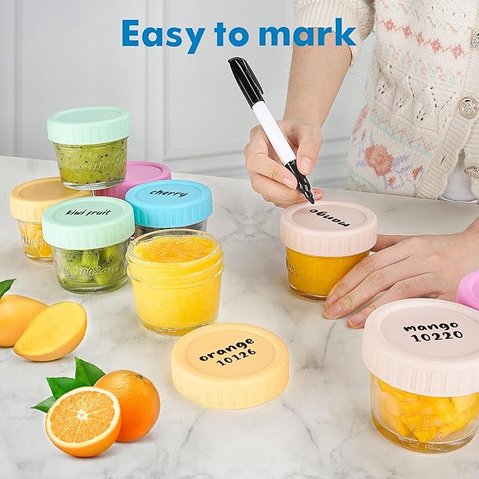 WILLDAN Glass Baby Food Storage Jars w/Lids (4 oz, 6 Pack Set) Snack, Puree, Reusable Small Containers, Breast Milk, Fridge or Freezer, Microwave & Dishwasher Safe, Essential Must Have for Infants