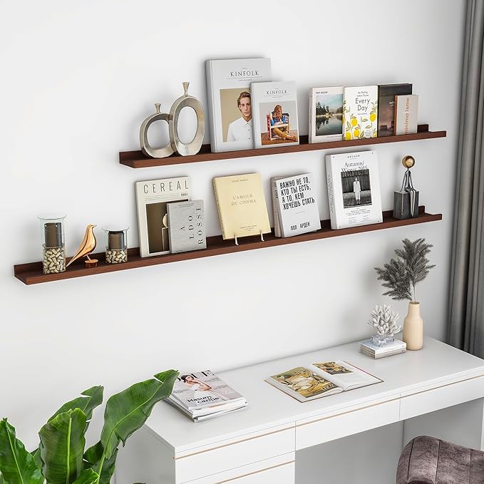 Picture Ledge Shelf, 72 inch Solid Ash Wood Floating Shelves Set of 2, Picture Ledge Photo Ledge Wall Mounted for Living Room Kids' Room Bedroom, Color Walnut