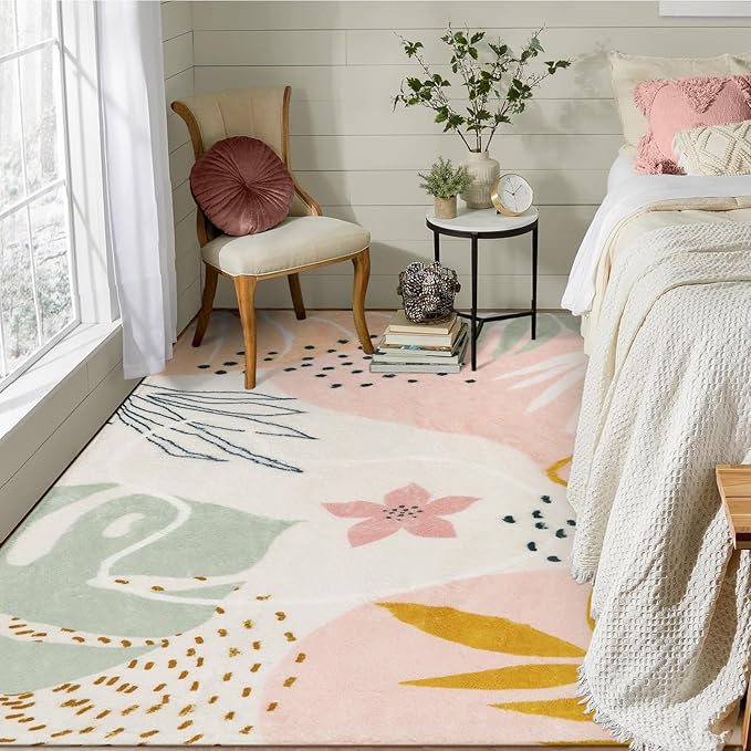 Lahome Pink Rug for Living Room - 5x7 Area Rug Washable Non-Slip Boho Rugs for Bedroom Throw Cute Soft Kids Nursery Rug, Abstract Botanical Print Carpet for Classroom Dorm Entryway Office Dining Room