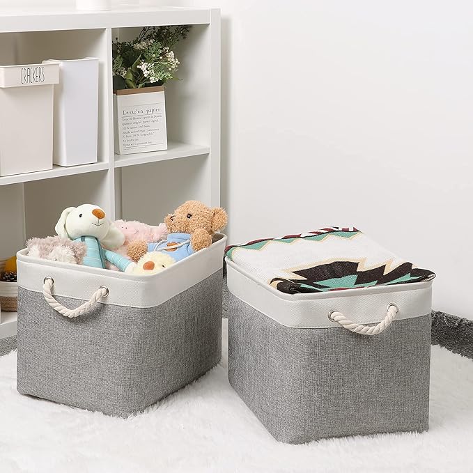 Bidtakay Storage Baskets for Organizing Large Storage Bins for Shelves 2 Pack 16x12 in Fabric Baskets for Blanket Nursery Toy Storage Collapsible Organizer Bins Closet Organizers Storage-Grey&White