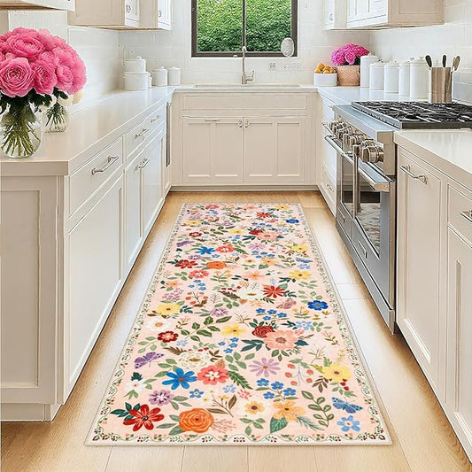 Runner Rug for Entryway: 2x6 Kitchen Rugs Non Slip Washable Ultra-Thin Soft Floral Carpet Indoor Floor Stain Resistant Carpets for Hallway Bedroom Kitchen Laundry Bathroom Dorm Beige
