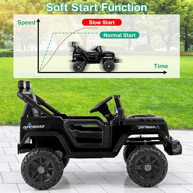 Costzon 12V Kids Ride on Truck Car, Electric Vehicle w/Remote Control, Threaded Wheels, 3 Speeds, LED Lights, Music, Horn & Wireless Connection, Battery Powered Ride on Toy for Boys & Girls 3+ (Black)