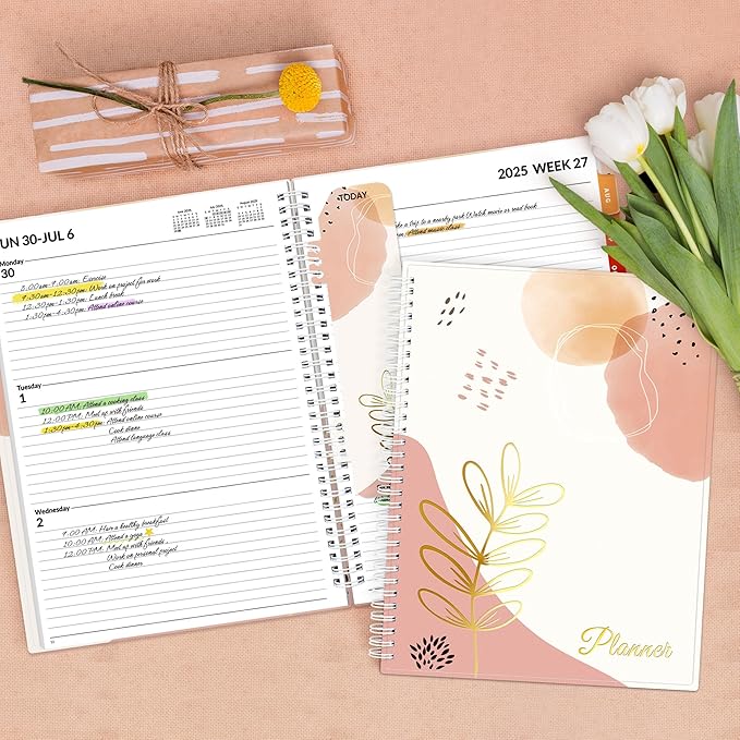 SUNEE Academic Planner 2025-2026 Weekly and Monthly, July 2025-June 2026, 8.5"x11", Tabs, Note Pages, Pockets, Bookmark, Flexible Cover, Spiral Binding, Blushing Abstract Breeze