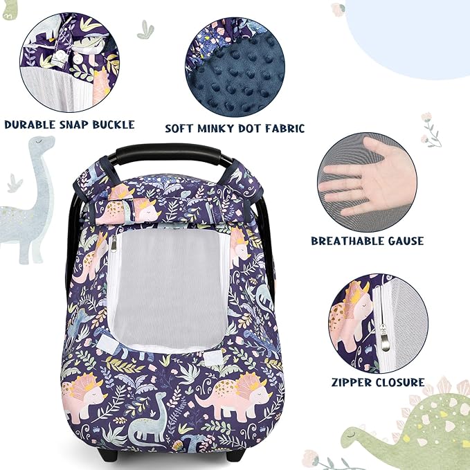 Pea Pod Car Seat Cover Baby, Infant Car Seat Canopy Covers for Newborn with 2 Layers Windows of Breathable Mesh Fabric, Lightweight Polyester/Soft Minky Dot Backing (Dinosaur)