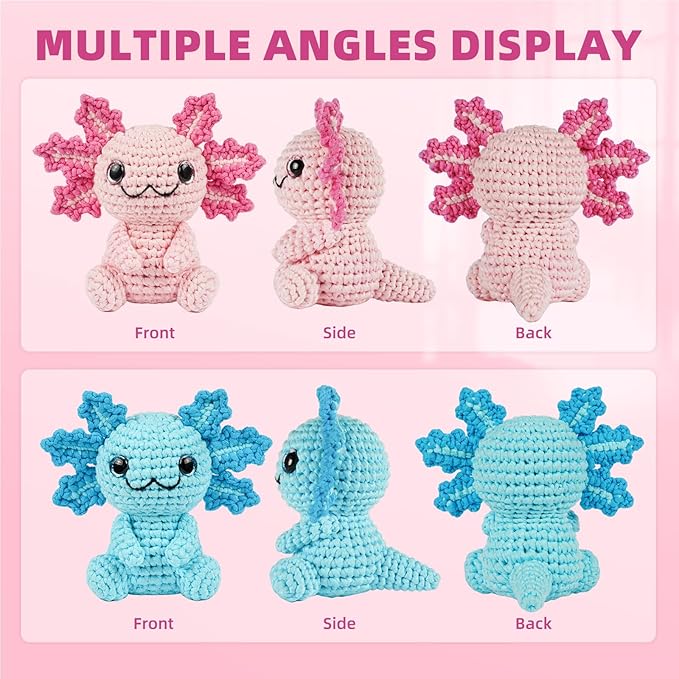 Crochet Kit for Beginners, Crochet Animal Kits,Crocheting Kit for Starters with Step-by-Step Video Tutorials, Beginner Crochet Kits for Adults (2Pack Axolotl)