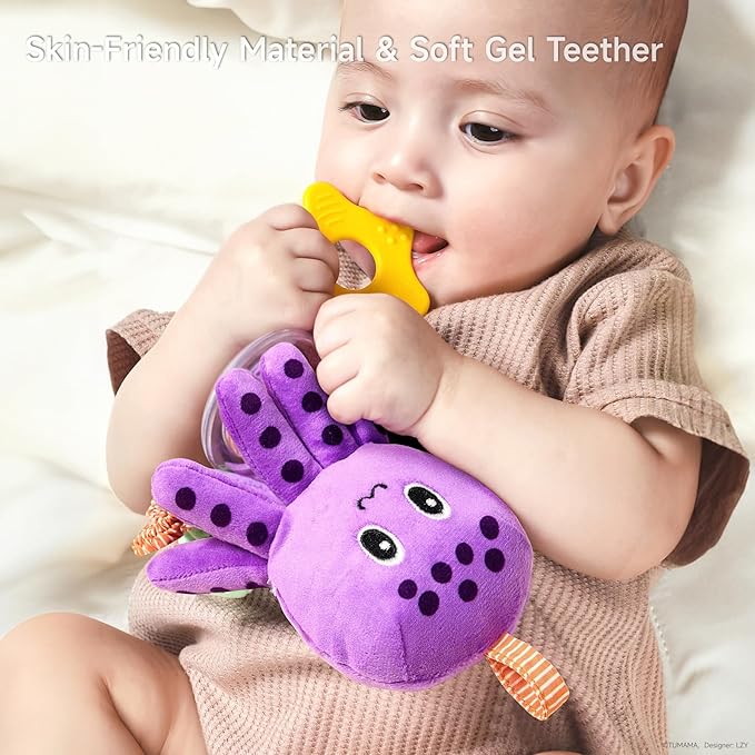 TUMAMA Baby Toys 0 3 6 12 Months, Hanging Stroller Toys Soft Marine Animal Crib Car Seat Toys, Crinkle Infant Rattles with Teether Squeaky Sensory Developmental Toy for Newborn