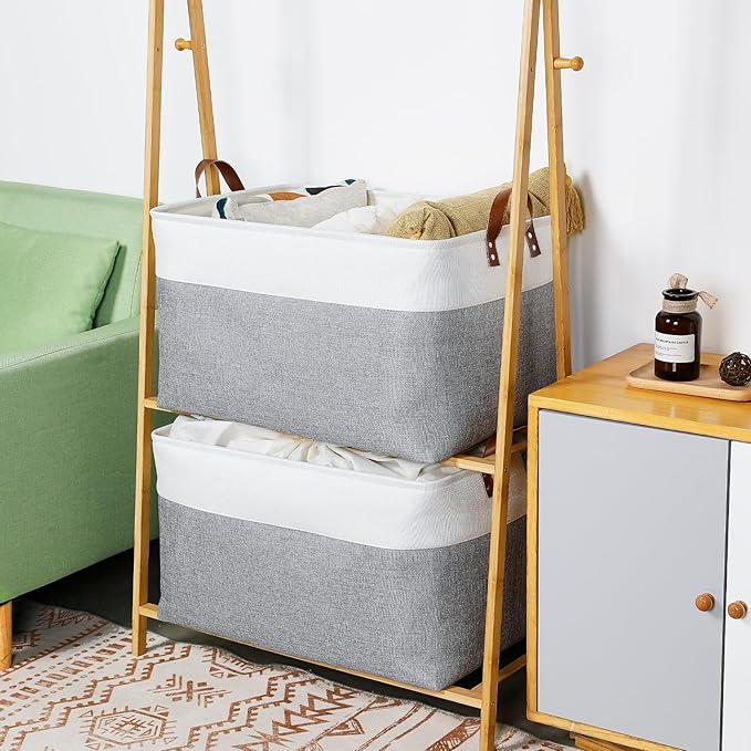 DULLEMELO Extra Large Storage Baskets for Organizing 22"x15"x13" Foldable Fabric Storage Baskets Organizer Bins with Handles Large Storage Basket for Shelves Closet Toys Books (White&Grey)