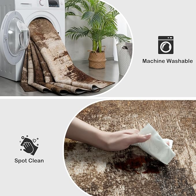 Washable Runner Rug, 2x6 Kitchen Rugs Brown Long Runner Rugs with Rubber Backing, Abstract Non-Slip Carpet Runners for Hallways, Kitchen, Bedroom, Laundry, Entrance