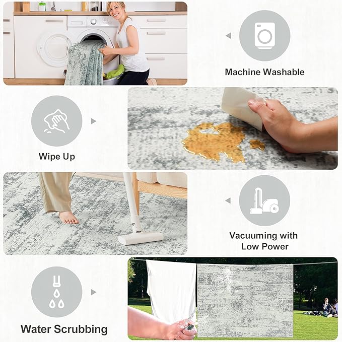 Area Rugs Living Room Rug - 5x7 Washable Modern Abstract Soft Neutral Non-Slip Carpet Large Indoor Floor Stain Resistant Thin Carpets for Bedroom Dining Room Farmhouse Nursery Home Office Grey