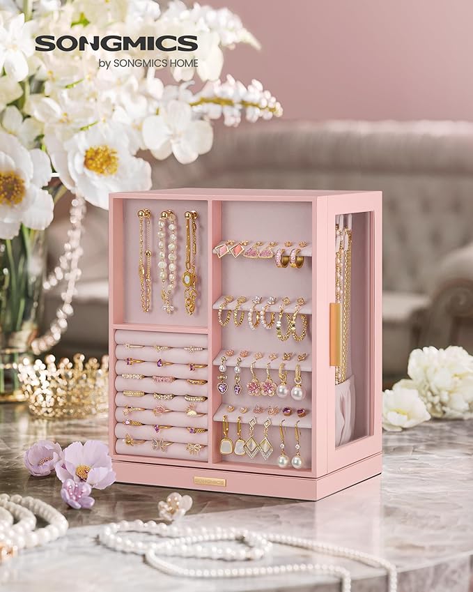 SONGMICS Jewelry Box 360° Rotating, Jewelry Storage Case with 5 Drawers, Jewelry Organizer, Glass Window, Spacious, Vertical Jewelry Storage, Open Design, Great Gift, Jelly Pink UJBC170R01