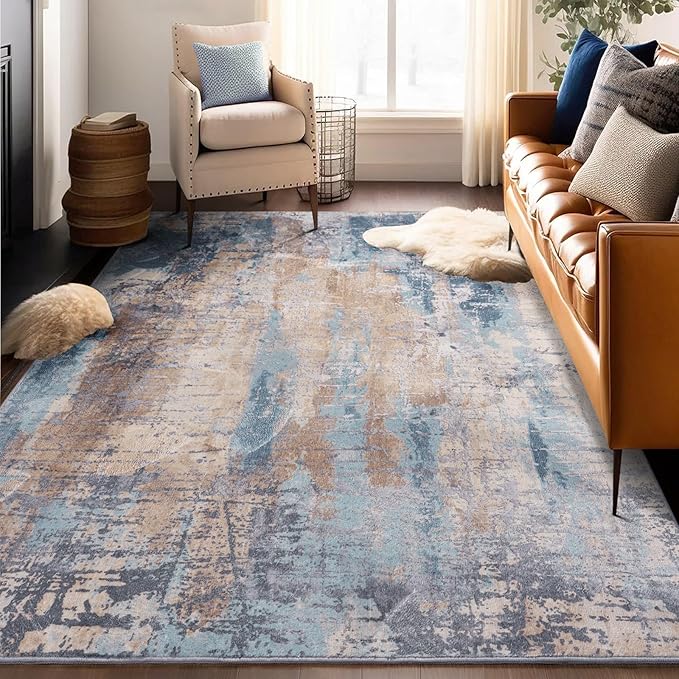Area Rug Living Room Rug, 4x6 Modern Abstract Washable Rug Beige Blue Non Slip Foldable Faux Wool Vintage Carpet, Fluffy Non-Shedding Rugs for Living Room, Bedroom, Dining Room, Kids Playroom
