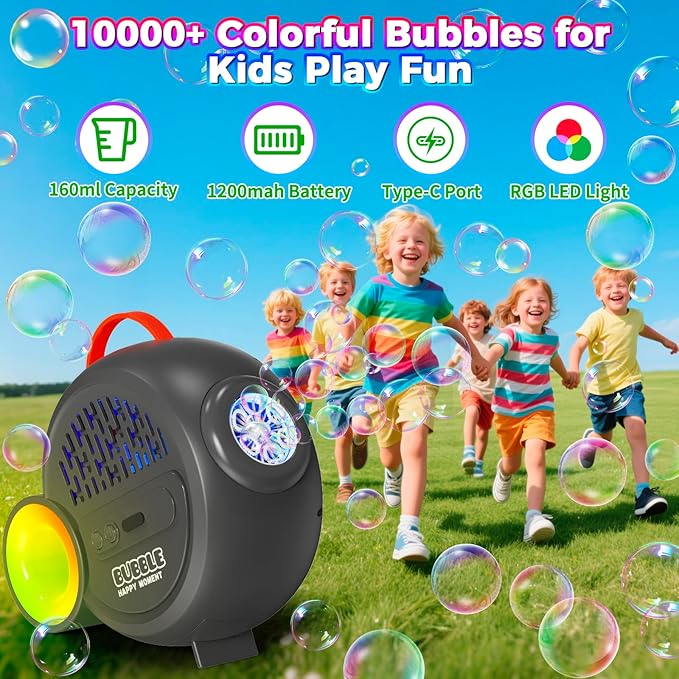 Rechargeable Bubble Machine with Upgrade RGB LED 16 Million Colors, 20000+ Bubbles Per Minute, Portable Bubble Maker for Kids, Weddings, Birthday Parties, Outdoor, Plug in or Battery Power