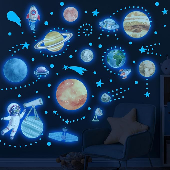 Watercolor Solar System Wall Decals, Glow in The Dark Stars, Kids Planets Sticker for Ceiling, Astronaut Wall Stickers for Bedroom（Blue）