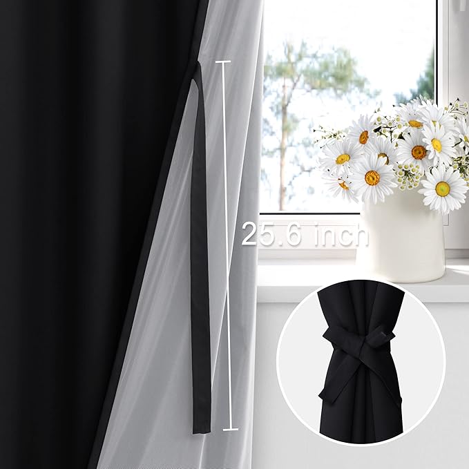 XWZO 100% Blackout Curtains with Tiebacks- Rod Pocket Heat and Full Light Blocking Window Panels & Thermal Insulated Draperies for Wide Large Window, Black, W60 x L84, Set of 2