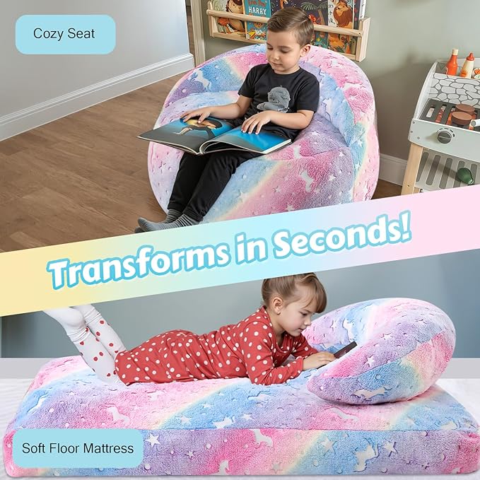 COMAX Bean Bag Chair for Kids, Convertible Toddler Beanbag Bed Unicorn, Children Bean Chair Stuffed to Floor Mattress with Filler, Growing Colorful Rainbow