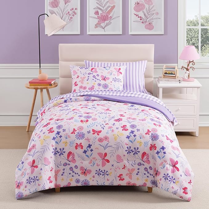 Twin Comforter Set with Sheets for Girls-5 Pieces Twin Bedding Sets with Pink Comforter, Sheets, Pillowcase & Sham for Kids (Cute Botanical Flowers, 66" X 86")