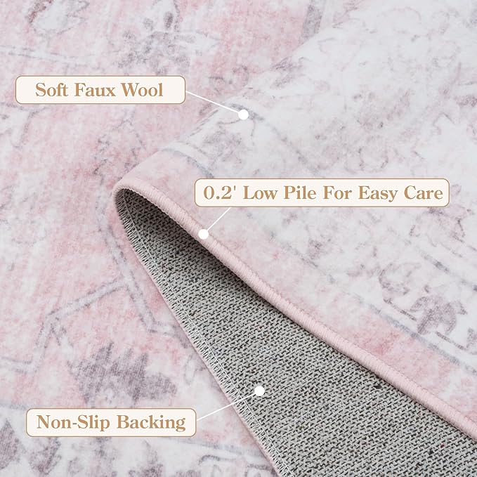 LIVEBOX Pink 6x9 Area Rug for Bedroom Girls, Boho Washable Rugs for Living Room Nursery, Non-Slip Indoor Soft Carpet Low-Pile Farmhouse Carpets for Dining Room Kids Playroom, Pink