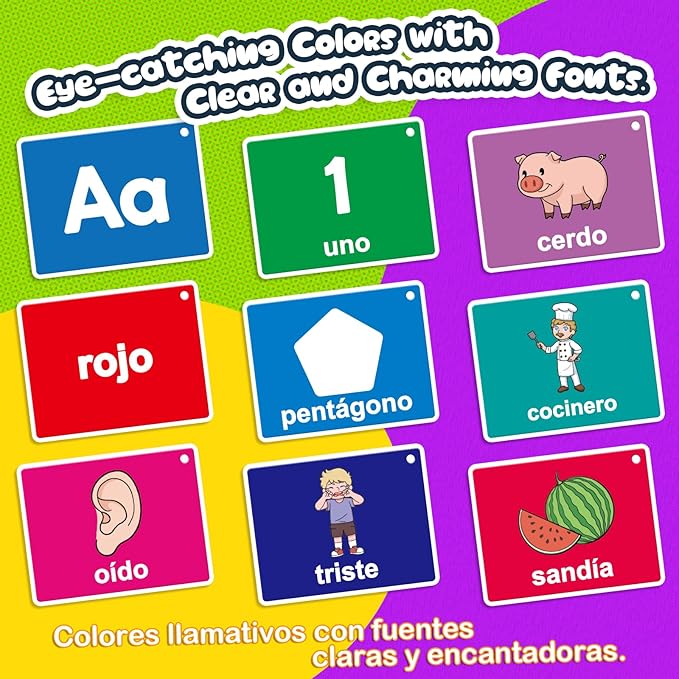 Spanish Flash Cards Toddler Bilingual Baby Cognitive Flashcards, Alphabet, Animals, Numbers, Shapes Colors, First Words, Body Parts,Emotions,Educational Toys Kindergarten Learning Activities