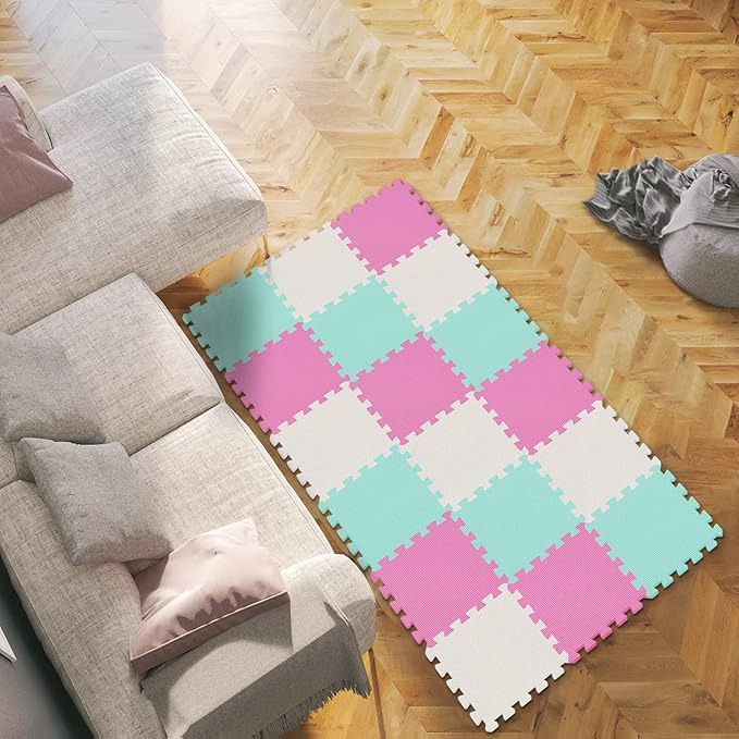 qqpp EVA Rubber 18 Tiles Interlocking Puzzle Foam Floor Mats - Baby Play Mat for Playing | Exercise Mat for Home Workout. White, Pink, Green. QC-ACHb18N
