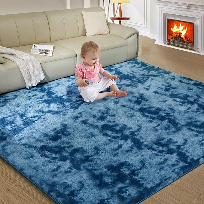 Ultra Soft Rug for Living Room, 3X5 Fluffy Shag Area Rug for Bedroom, Modern Shaggy Carpets Fuzzy Rug for Teens Dorm Nursery Home Decor Aesthetic, Upgrade Anti-Skid Durable, Tie-Dyed Blue Grey