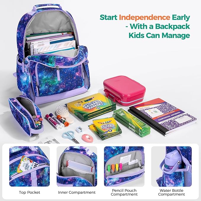 Choco Mocha Unicorn Backpack for Girls, Elementary School Backpack for Girls Ages 6-8 Kids Kindergarten Backpack Bookbag 17 Inch with Chest Strap, Planet Purple