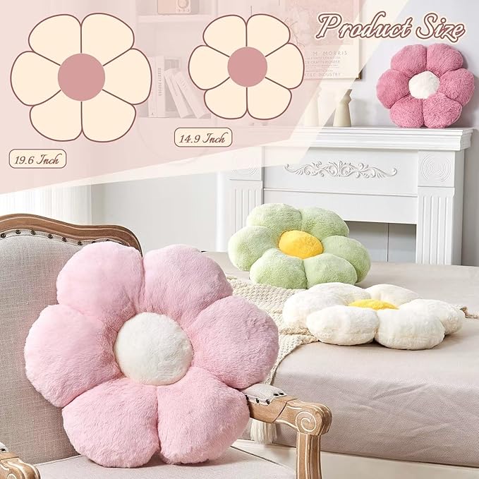 Beige Flower Pillow, Cute Decorative Flower Shaped Throw Pillow with Faux Rabbit Fur, 14.9" Soft Flower Plush Throw Pillow Floor Pillows Room Décor for Bedroom Living Room