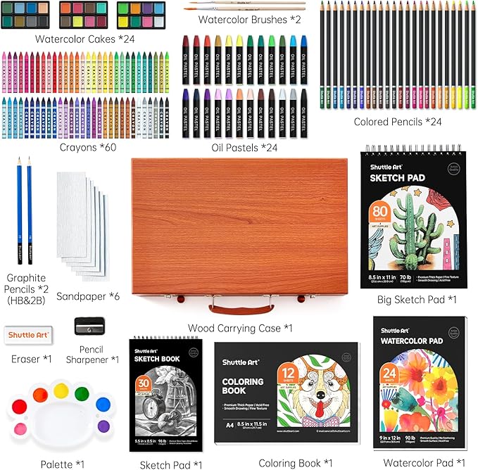 Shuttle Art 149 Piece Deluxe Art Set, Art Supplies in Wooden Case, Painting Drawing Art Kit with Crayons Colored Pencils Oil Pastels Watercolor Cakes Coloring Book Sketch Pad for Kids Adults