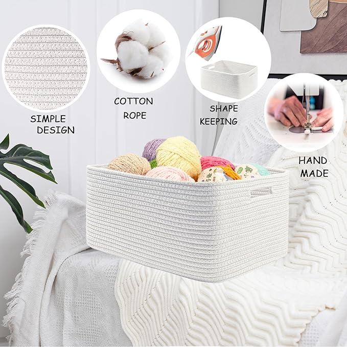COMFY-HOMI Cotton Rope Woven Basket with Handles for Shelves,Toys,Book, Cloth Storage Baskets for Organizing-17" x 13" x 7.5" Toy Decorative Organizer for Living Room, Bathroom （All White）