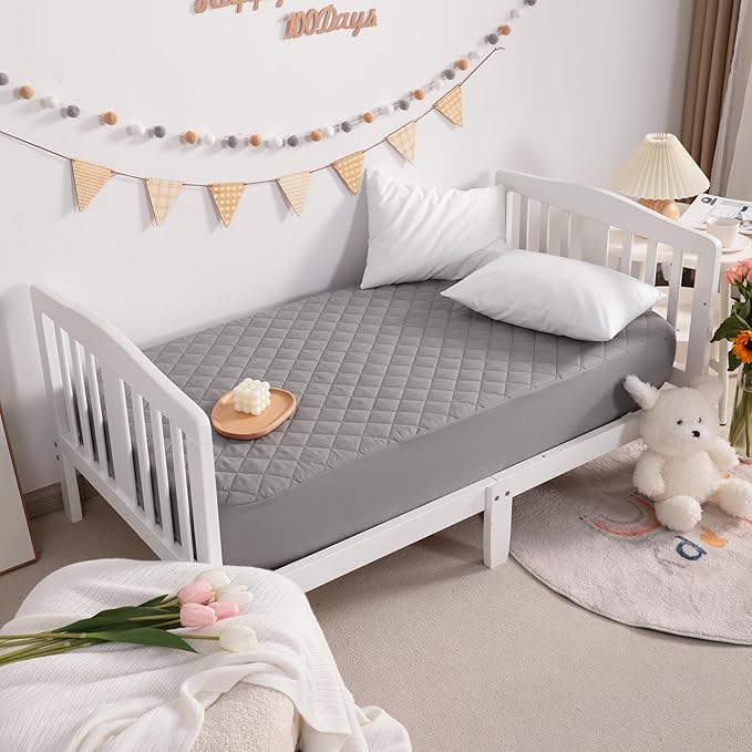 NTBAY 2 Pack Waterproof Crib Mattress Protector, Quilted 28"x52" Toddler Fitted Sheet - Machine Washable - Soft and Breathable Mattress Pad Cover for Crib, Nursery, Daycare, Cot, Smoke Grey