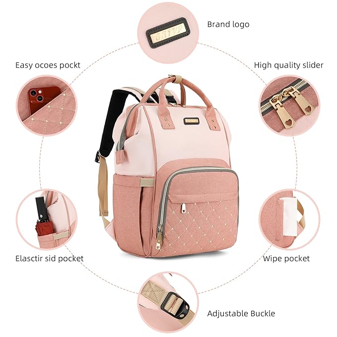 Diaper Bag Backpack, Diaper Bags for Baby Girls Boys, Baby Bags for Moms Dads, Nappy Changing Bag with Insulated Pockets,Multi-functional Waterproof Backpack with Stroller straps -Pink light pink