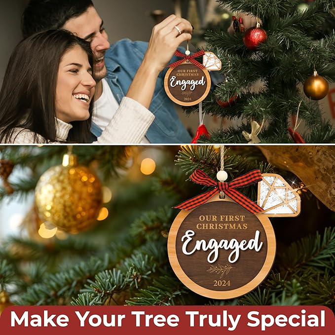 Our First Christmas Engaged Ornament 2024 - Wood Engagement Ornament 2024, Funny Engagement Gifts for Couples, Happy Newly Engaged Christmas Ornament 2024 for Bride