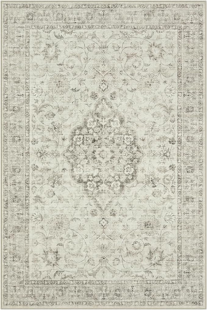 LIVEBOX Bedroom 4x6 Washable Area Rug for Entryway Kitchen, Non-Slip Soft Boho Rugs for Dining Room Office, Farmhouse Low-Pile Neutral Soft Carpet for Nursery Room Playroom, Taupe