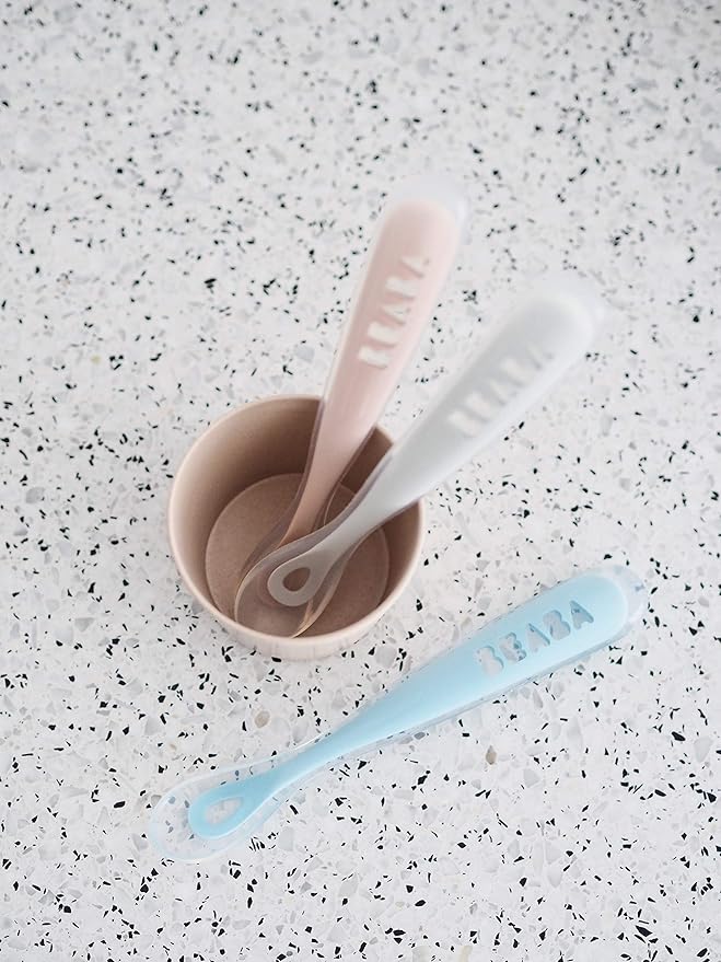 BEABA Baby's First Foods Spoon Set, Original Silicone Baby Spoons, 4 Pack, BPA Lead & Phthalate Free, Gray