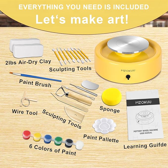Mini Pottery Wheel Kit - 6" Pottery Wheel for Kids, Teens & Adults Beginners, 2 Lb Air Dry Clay & 18PCS Clay Tools Included, Crafts for Home DIY, Ceramic Work & Art Creatio