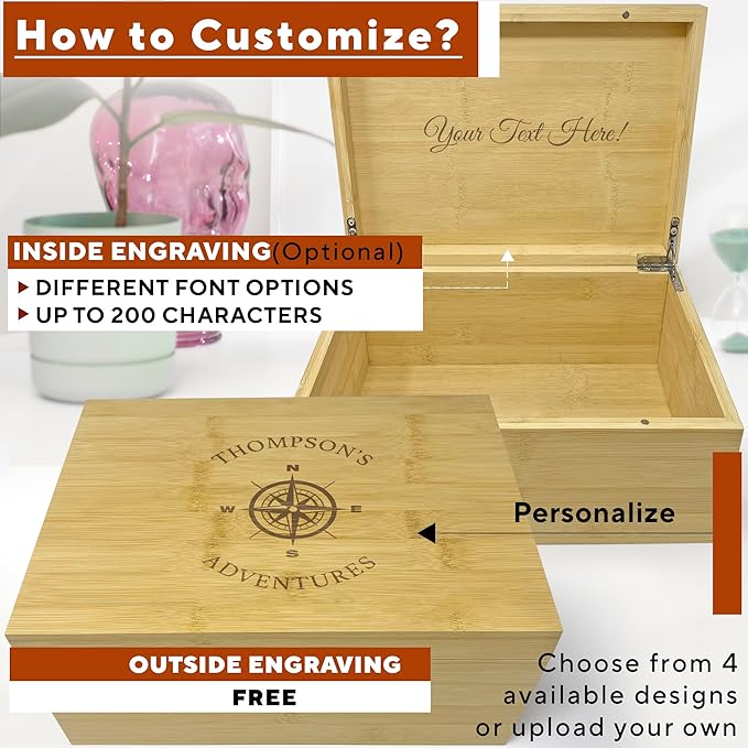 Travel Keepsake Box - Personalized Travel Couple Gift, Bamboo Wood Chest Trunk for Couples, Our Adventure Memory Box, Keepsake Storage for Tickets, Custom Valentine's Gifts, 11 x 8 x 4.75 in