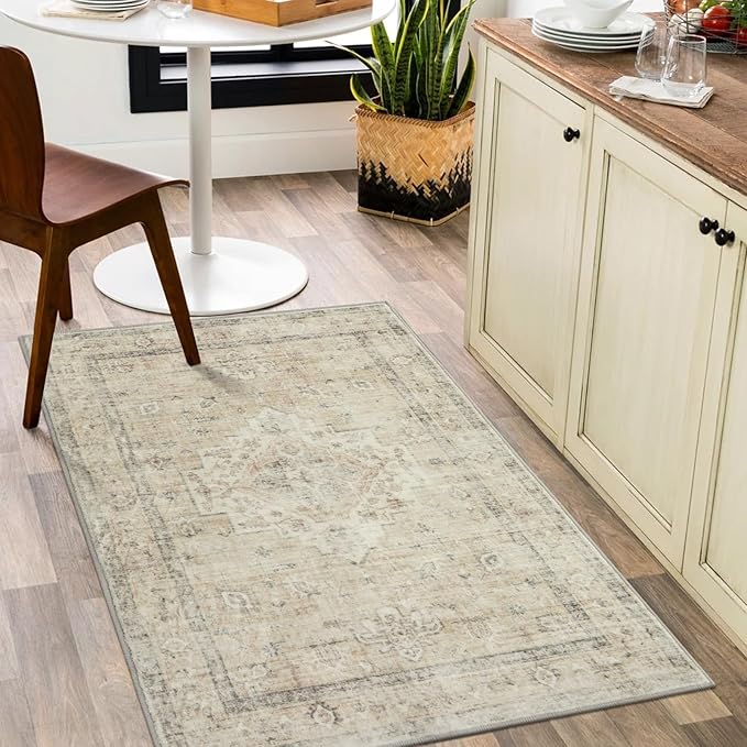 LIVEBOX Entryway Rug 3x5 Washable Area Rugs for Kitchen Bathroom, Non-Slip Front Door Mat for Bedroom, Boho Low-Pile Carpet Farmhouse Throw Indoor Mats for Bath Laundry Room, Tan