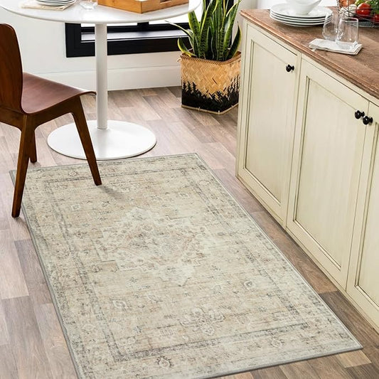 LIVEBOX Entryway Rug 3x5 Washable Area Rugs for Kitchen Bathroom, Non-Slip Front Door Mat for Bedroom, Boho Low-Pile Carpet Farmhouse Throw Indoor Mats for Bath Laundry Room, Tan