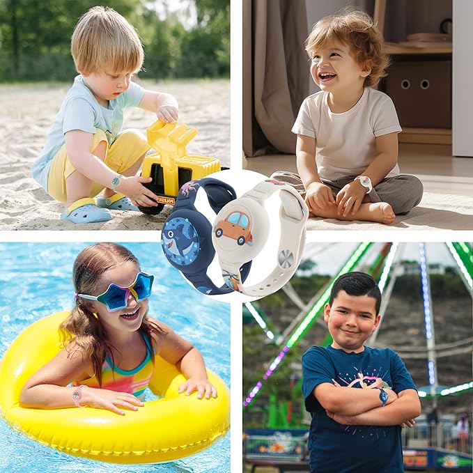 R-fun Waterproof Air Tag Bracelets [2 Pack] Compatible with Apple Air Tag Finders with Cartoon Pattern,Anti Lost GPS Item Finders Case Cover,Gray Car/Blue Shark