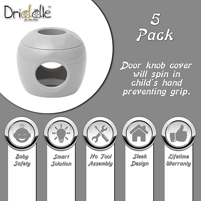 New & Improved - Door knob Baby Safety Cover - 5 Pack - Deter Little Kids from Opening Doors with A Child Proof Door Handle Lock - Driddle