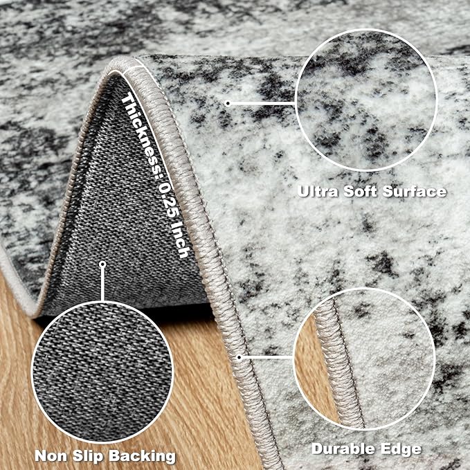 Area Rug 9x12 Washable Rugs: Abstract Large Living Room Rugs with Non-Slip Backing, Stain Resistant Indoor Floor Carpet for Bedroom Dining Room Table Nursery Hallway Home Office Dark Black/Gray